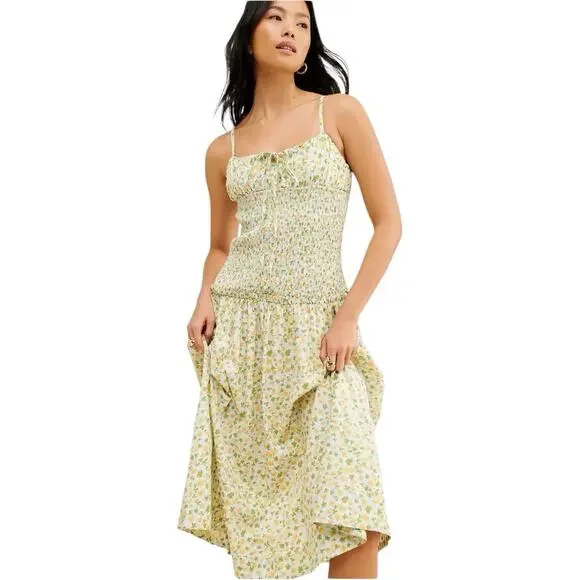 NWT Free People Lavender Daze Dress Green Combo Midi Sz XL Sundress Smocked  - threedaughtersproperties.com